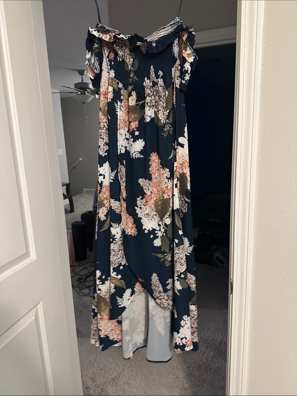 Showpo Navy Floral Off the Shoulder Asymmetrical Dress